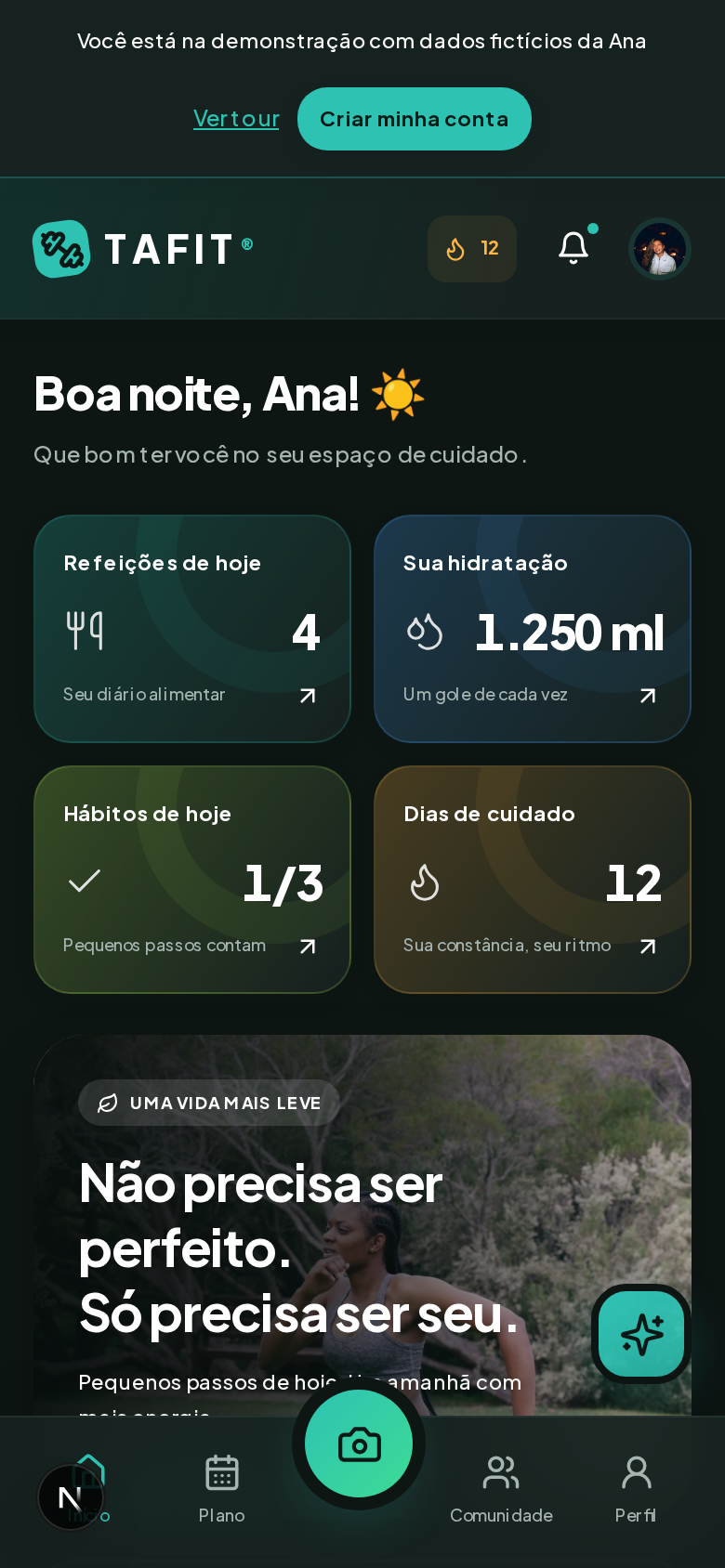 Tela real do TAFIT: Seu dia, em um olhar. Dados fictícios da demonstração.