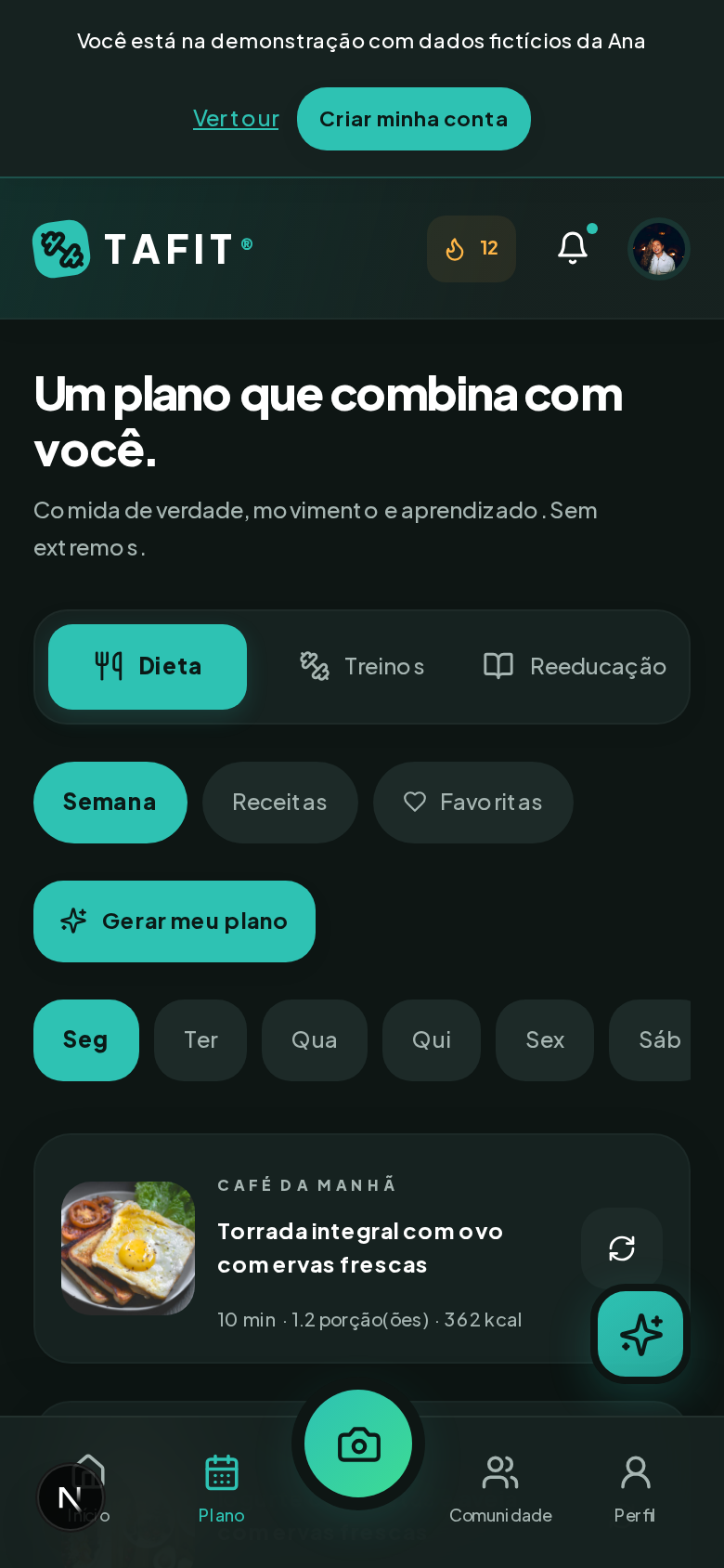 Tela real do TAFIT: Sua semana organizada. Dados fictícios da demonstração.