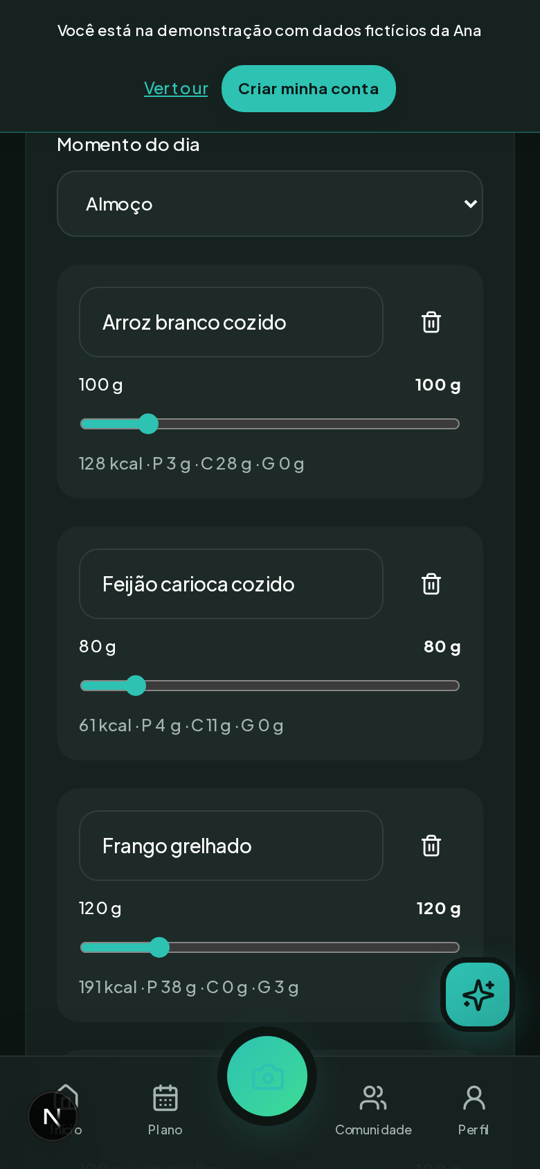 Tela real do TAFIT: Fotografe, revise e salve. Dados fictícios da demonstração.
