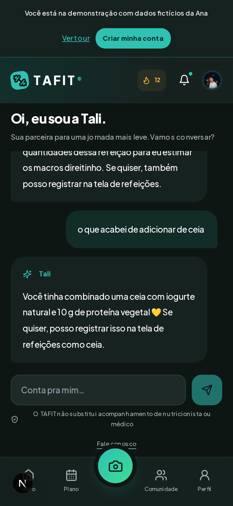 Tela real do chat com a Tali na conta fictícia da Ana
